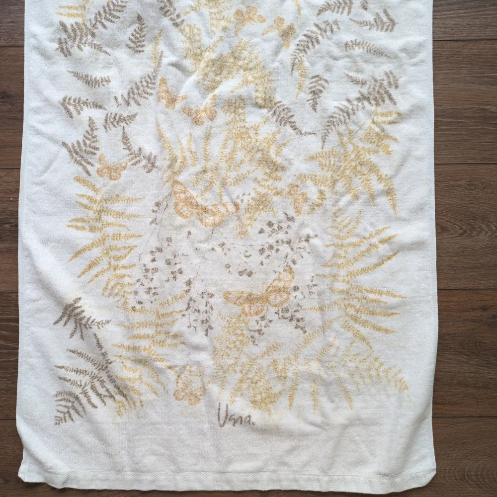 Vtg 70s Vera Neumann Bath Towels White Gold Butterfly Brown Fern MCM Set of 2